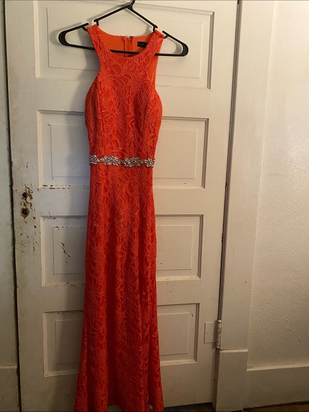 Macy's Bright Orange Lace Prom Gown with Jeweled Waist
